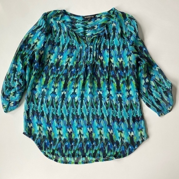 Express ikat print top size XS blue green teal relaxed beachy vibe - Picture 3 of 14